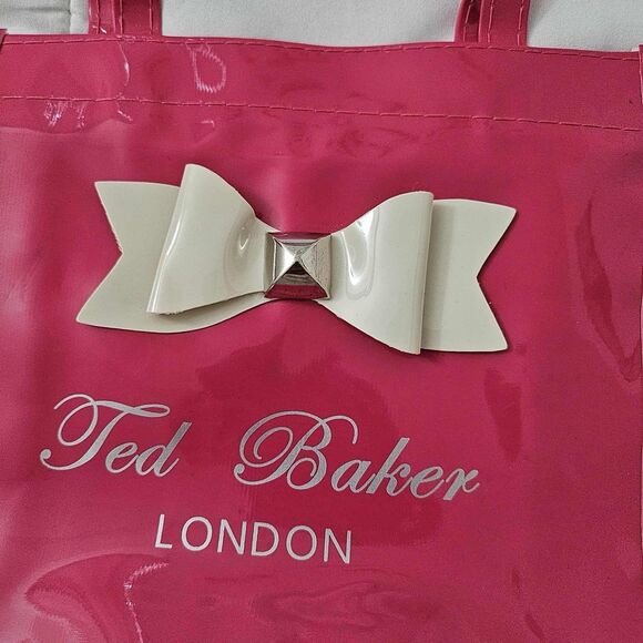 Ted Baker London Tote Bag Small Pink Glossy PVC with White Bow Zip Closure - Picture 2 of 7